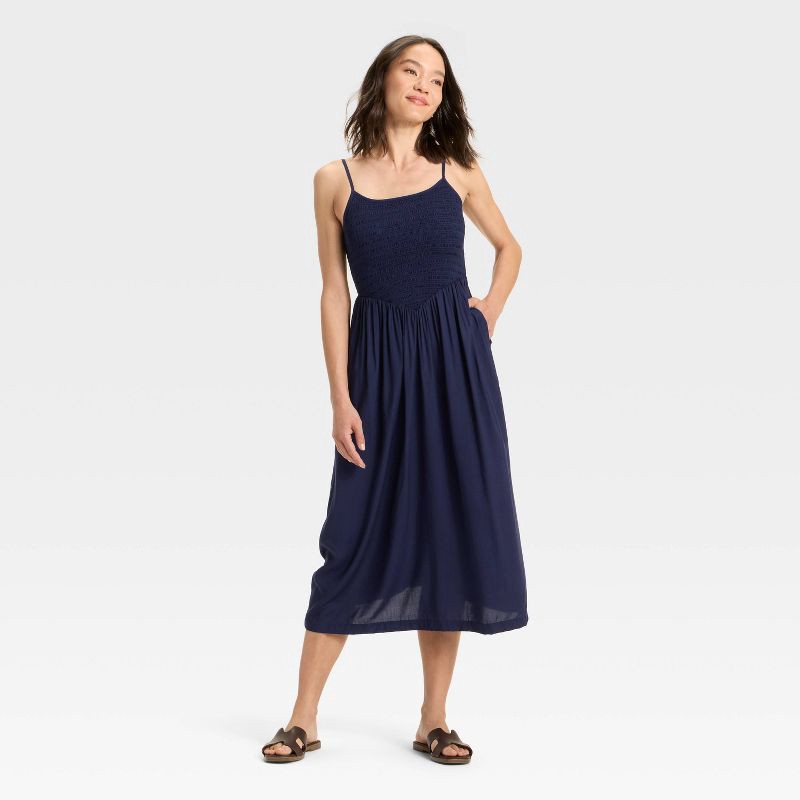 slide 3 of 3, Women's Smocked V-Waist Midi Dress - A New Day™ Navy Blue L, 1 ct