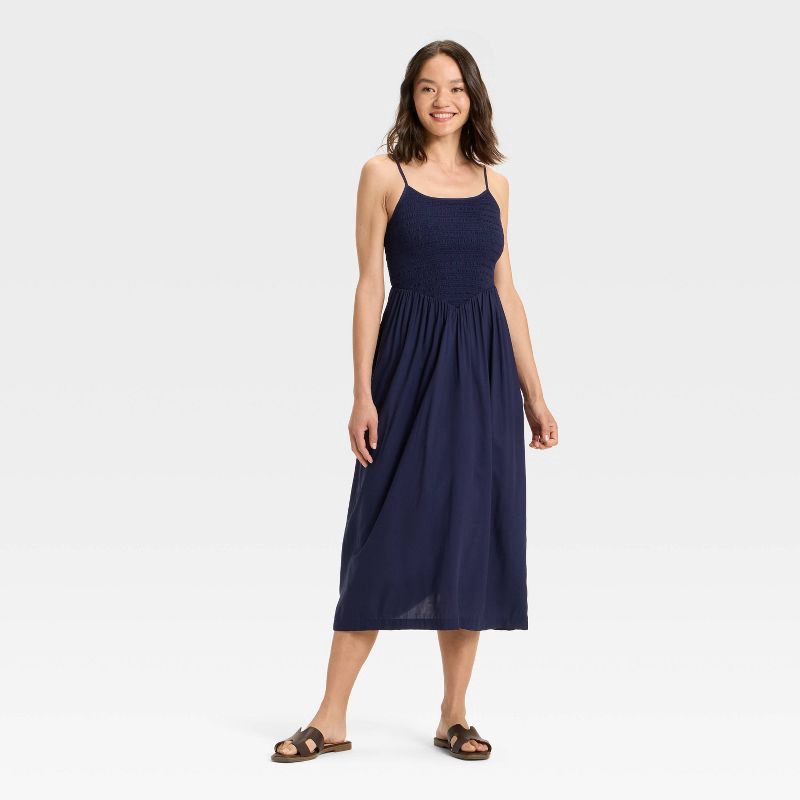 slide 1 of 3, Women's Smocked V-Waist Midi Dress - A New Day™ Navy Blue L, 1 ct