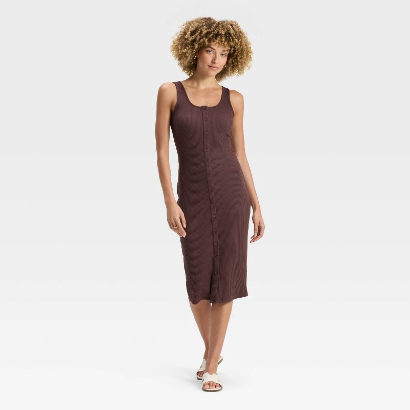 slide 1 of 3, Women's Knit Button-Front Midi Dress - A New Day™ Brown L, 1 ct