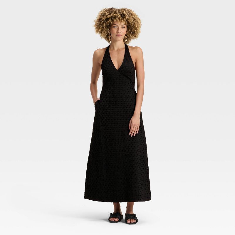 slide 1 of 3, Women's Eyelet Maxi A-Line Dress - A New Day™ Black M, 1 ct