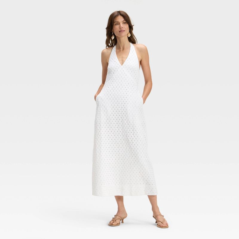 slide 1 of 3, Women's Eyelet Maxi A-Line Dress - A New Day™ White L, 1 ct