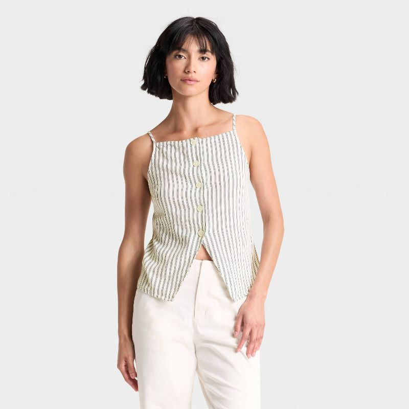 slide 1 of 3, Women's Linen Blend Button Front Vest - A New Day™ Navy Striped XL, 1 ct