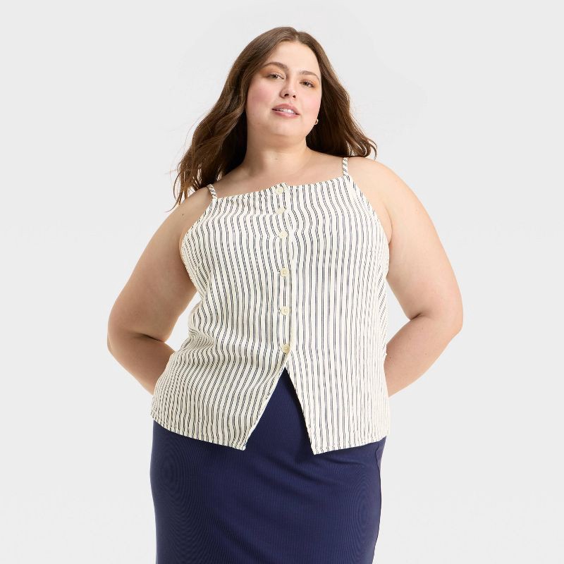 slide 1 of 3, Women's Linen Blend Button Front Vest - A New Day™ Navy Striped XXL, 1 ct