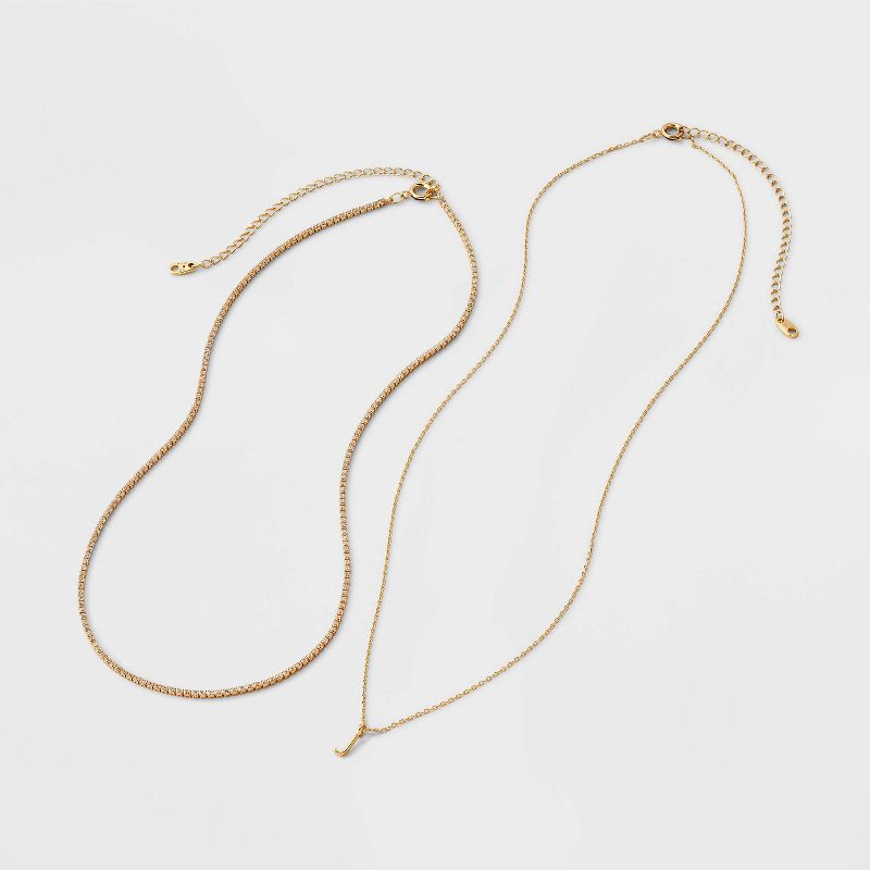 slide 2 of 3, 14K Gold Dipped Cubic Zirconia "J" Initial Necklace Set 2pc - A New Day™ Gold, 2 ct