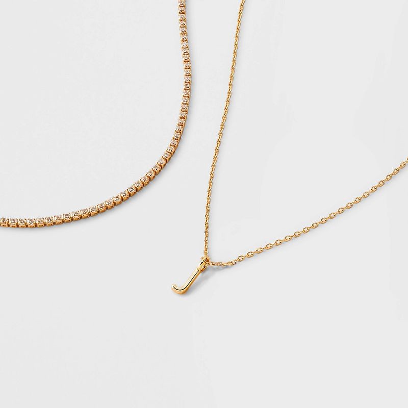 slide 3 of 3, 14K Gold Dipped Cubic Zirconia "J" Initial Necklace Set 2pc - A New Day™ Gold, 2 ct