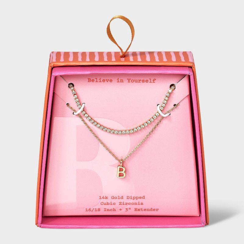 slide 1 of 3, 14K Gold Dipped Cubic Zirconia "B" Initial Necklace Set 2pc - A New Day™ Gold, 2 ct