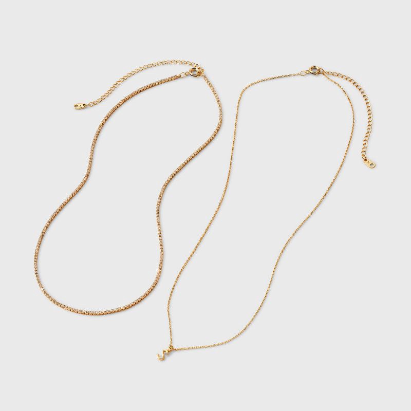 slide 2 of 3, 14K Gold Dipped Cubic Zirconia "S" Initial Necklace Set 2pc - A New Day™ Gold, 2 ct