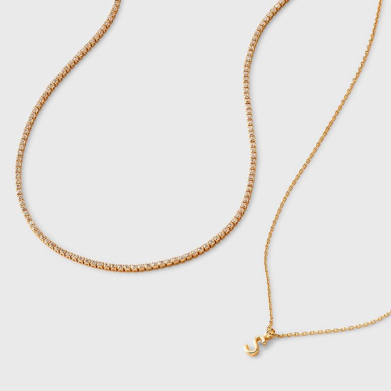 slide 3 of 3, 14K Gold Dipped Cubic Zirconia "S" Initial Necklace Set 2pc - A New Day™ Gold, 2 ct