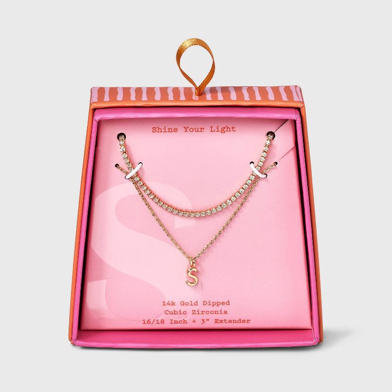 slide 1 of 3, 14K Gold Dipped Cubic Zirconia "S" Initial Necklace Set 2pc - A New Day™ Gold, 2 ct