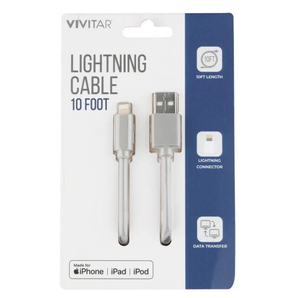 slide 1 of 2, Vivitar Lightning To Usb-A Cable, 10', Gray, Nil1010-Gry-Stk-24, 1 ct