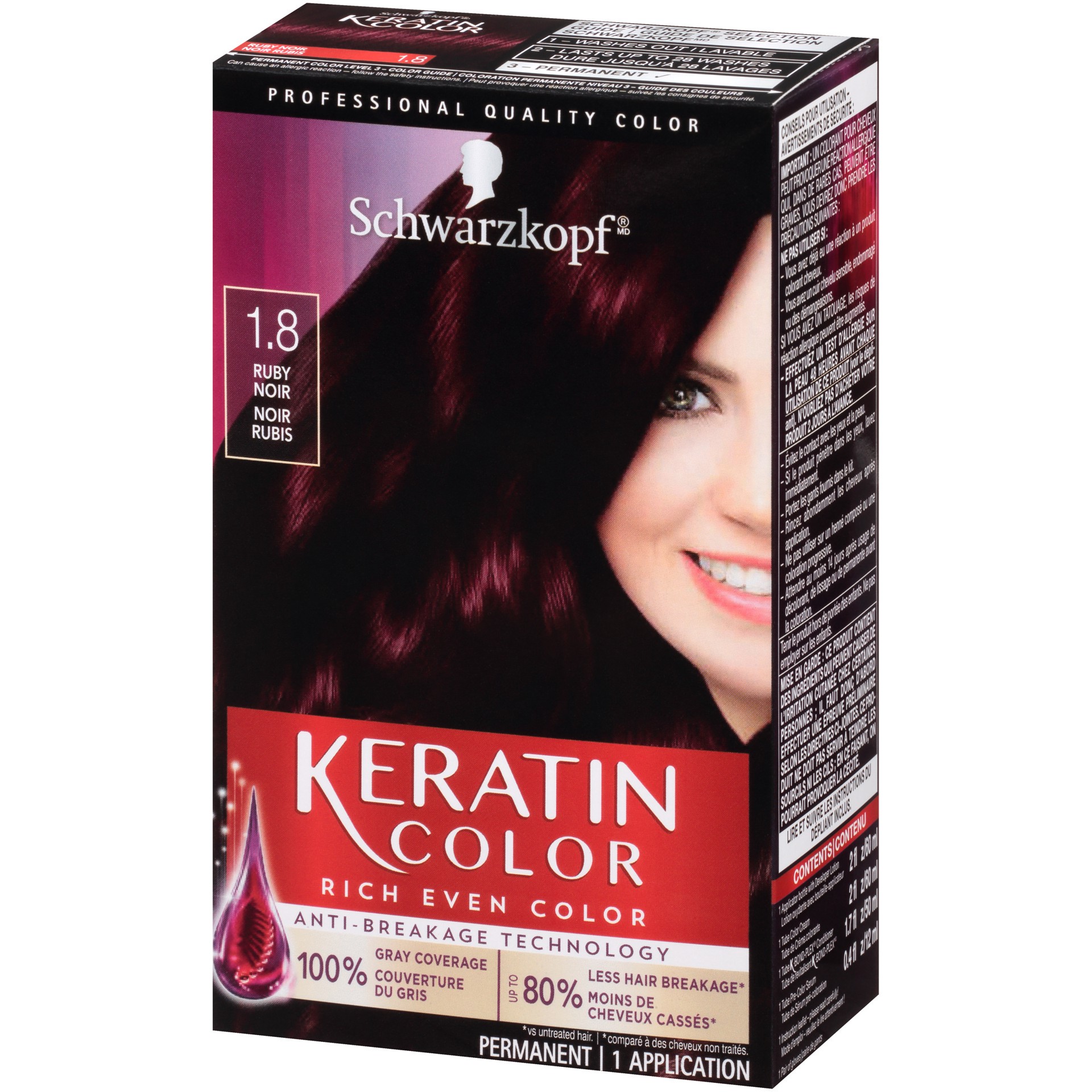 slide 5 of 5, Schwarzkopf Permanent Hair Color, 1.8 Ruby Noir, 1 Application - Professionally Inspired Permanent Hair Dye, for up to 80% Less Breakage vs Untreated Hair and up to 100% Gray Coverage, 1 ct