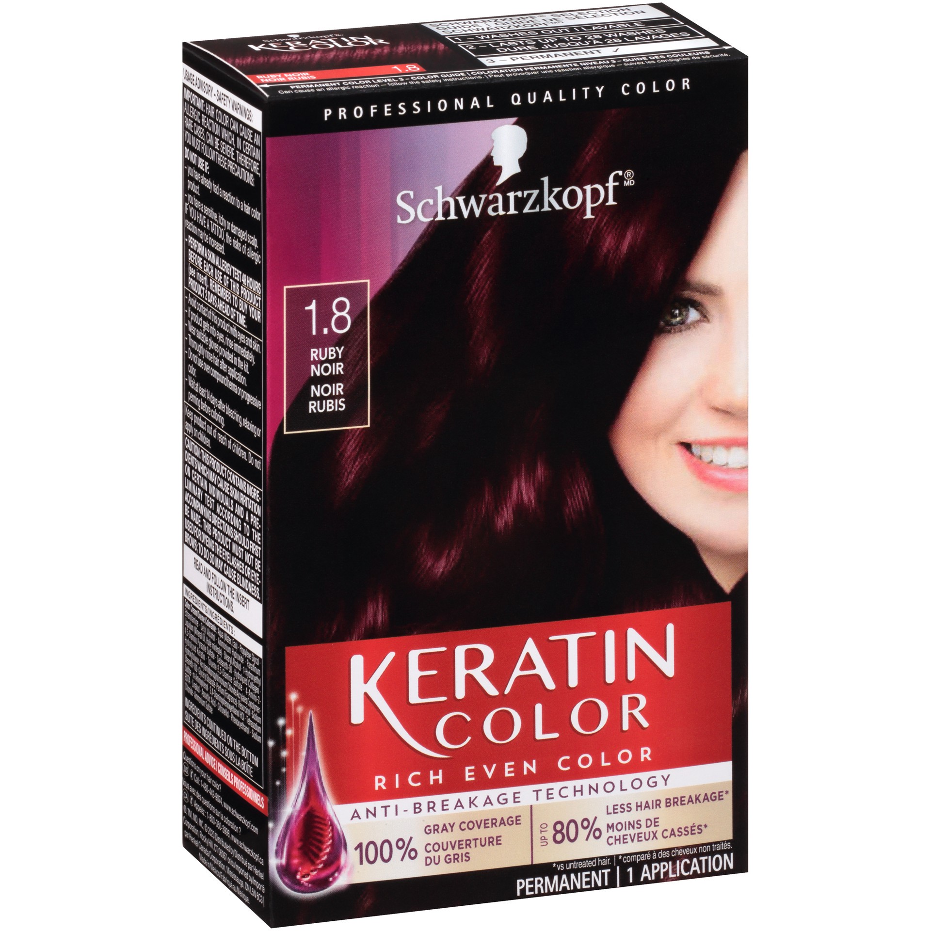 slide 3 of 5, Schwarzkopf Permanent Hair Color, 1.8 Ruby Noir, 1 Application - Professionally Inspired Permanent Hair Dye, for up to 80% Less Breakage vs Untreated Hair and up to 100% Gray Coverage, 1 ct