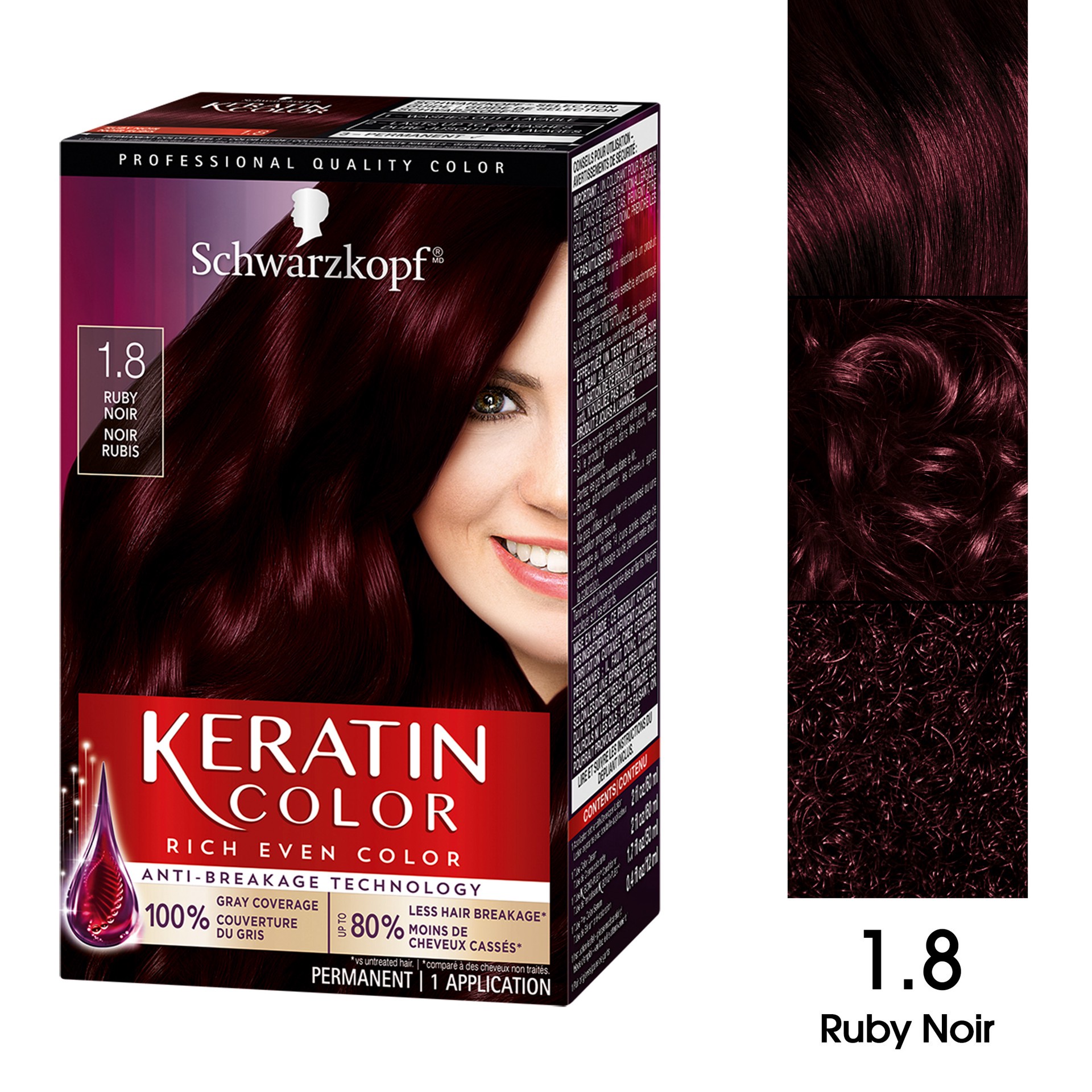 slide 4 of 5, Schwarzkopf Permanent Hair Color, 1.8 Ruby Noir, 1 Application - Professionally Inspired Permanent Hair Dye, for up to 80% Less Breakage vs Untreated Hair and up to 100% Gray Coverage, 1 ct