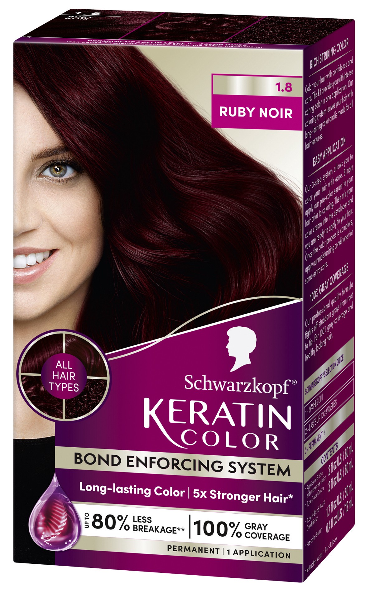 slide 1 of 5, Schwarzkopf Permanent Hair Color, 1.8 Ruby Noir, 1 Application - Professionally Inspired Permanent Hair Dye, for up to 80% Less Breakage vs Untreated Hair and up to 100% Gray Coverage, 1 ct