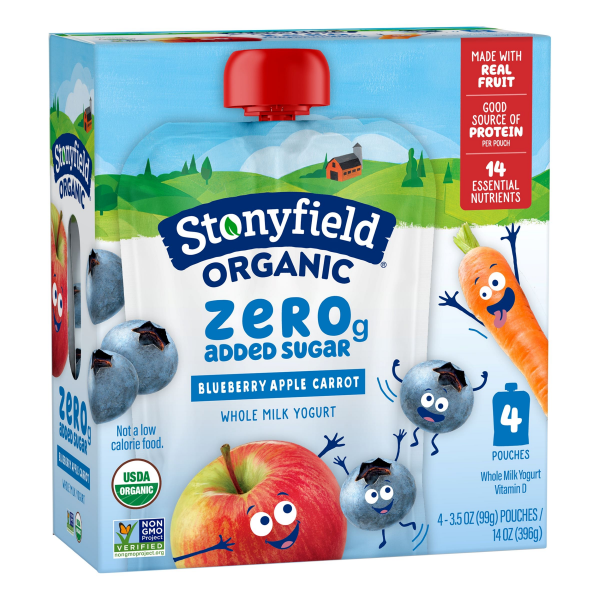 slide 6 of 13, Stonyfield Organic Kids Zero G Added Sugar Whole Milk Yogurt Pouches Blueberry Apple Carrot 3.5 oz, 4Ct, 4 ct; 3.5 oz