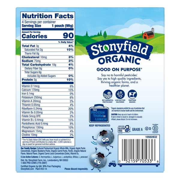 slide 5 of 13, Stonyfield Organic Kids Zero G Added Sugar Whole Milk Yogurt Pouches Blueberry Apple Carrot 3.5 oz, 4Ct, 4 ct; 3.5 oz