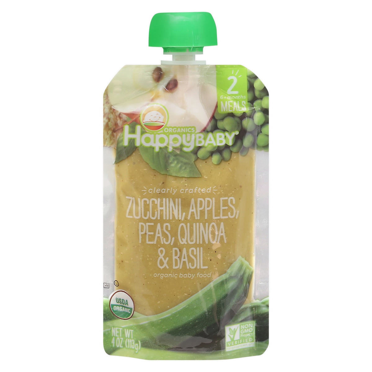 slide 1 of 1, Happy Baby Organics Clearly Crafted Stage 2 Meals Zucchini, Apples, Peas, Quinoa & Basil Pouch 4oz UNIT, 4 oz