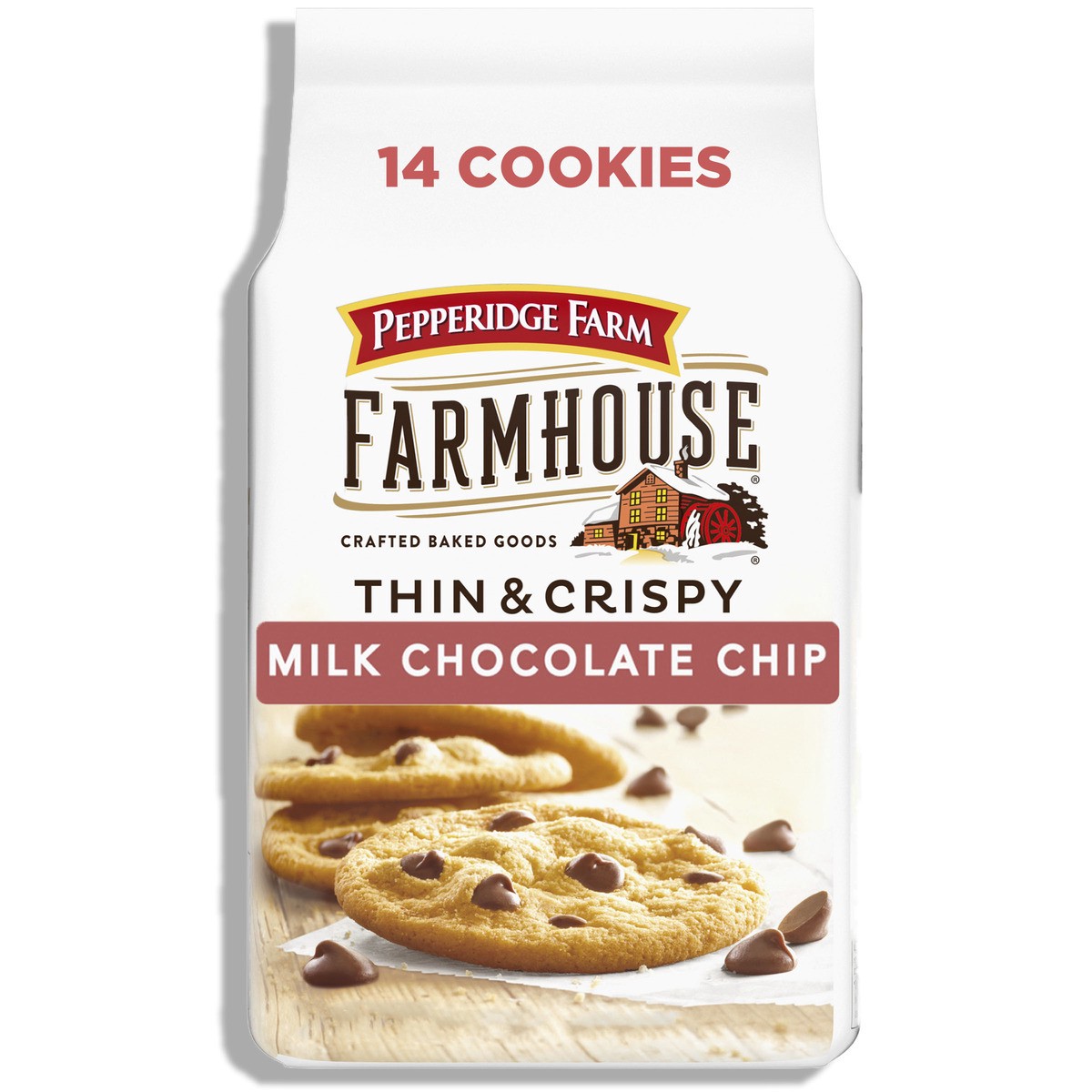 slide 1 of 9, Pepperidge Farm Farmhouse Thin and Crispy Milk Chocolate Chip Cookies, 6.9 OZ Bag (14 Cookies), 6.9 oz