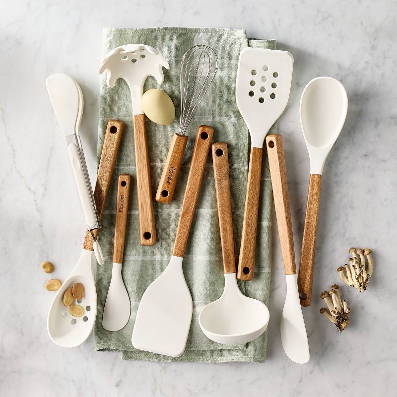 slide 2 of 6, 10pc Silicone/Acacia Kitchen Utensil Set Cream - Figmint™, 10 ct