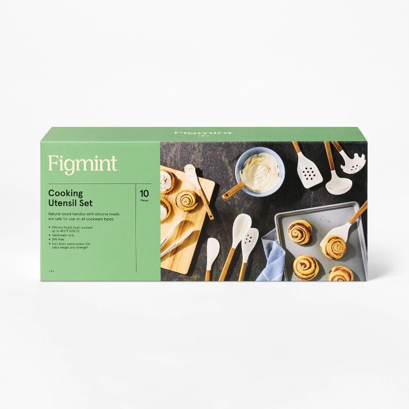 slide 4 of 6, 10pc Silicone/Acacia Kitchen Utensil Set Cream - Figmint™, 10 ct