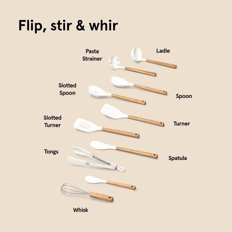 slide 6 of 6, 10pc Silicone/Acacia Kitchen Utensil Set Cream - Figmint™, 10 ct