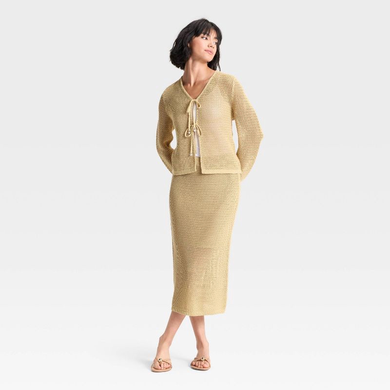 slide 3 of 3, Women's Crochet-Style Pointelle Midi Sweater Skirt - A New Day™ Tan L, 1 ct