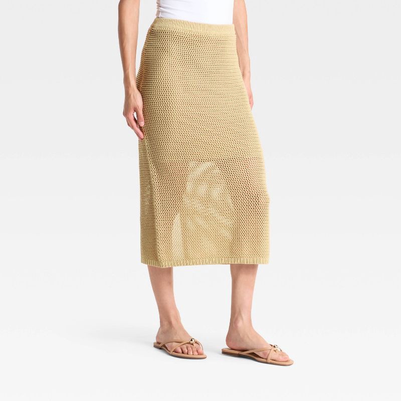 slide 1 of 3, Women's Crochet-Style Pointelle Midi Sweater Skirt - A New Day™ Tan L, 1 ct