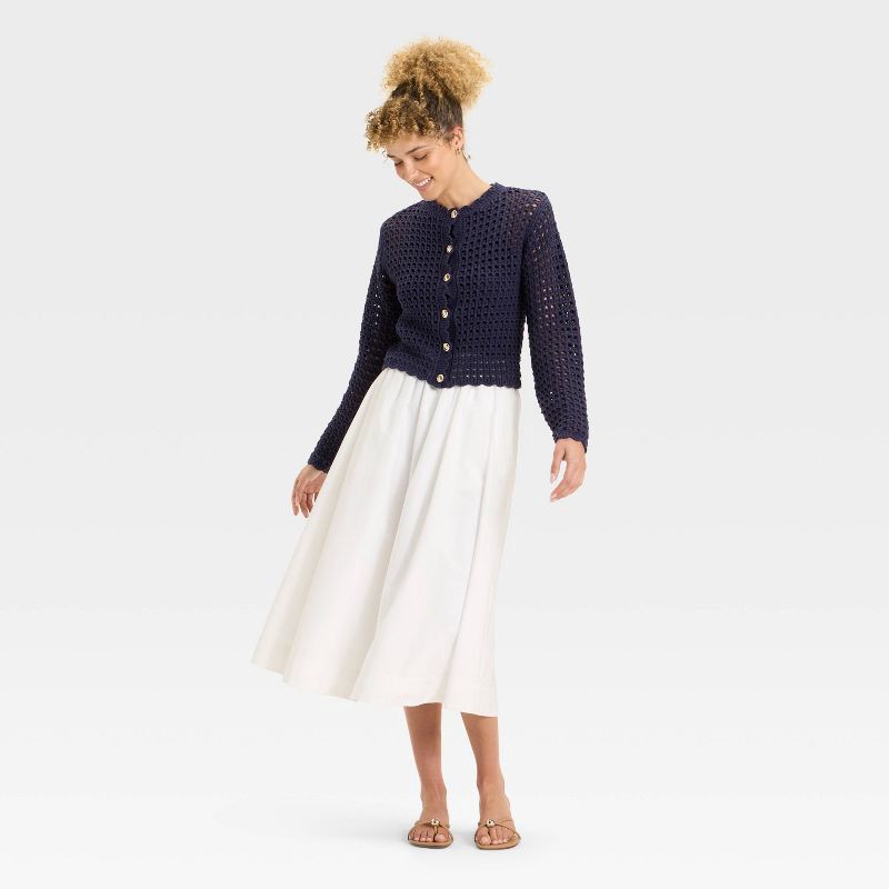 slide 3 of 3, Women's Crochet Button-Front Cardigan - A New Day™ Navy XL, 1 ct
