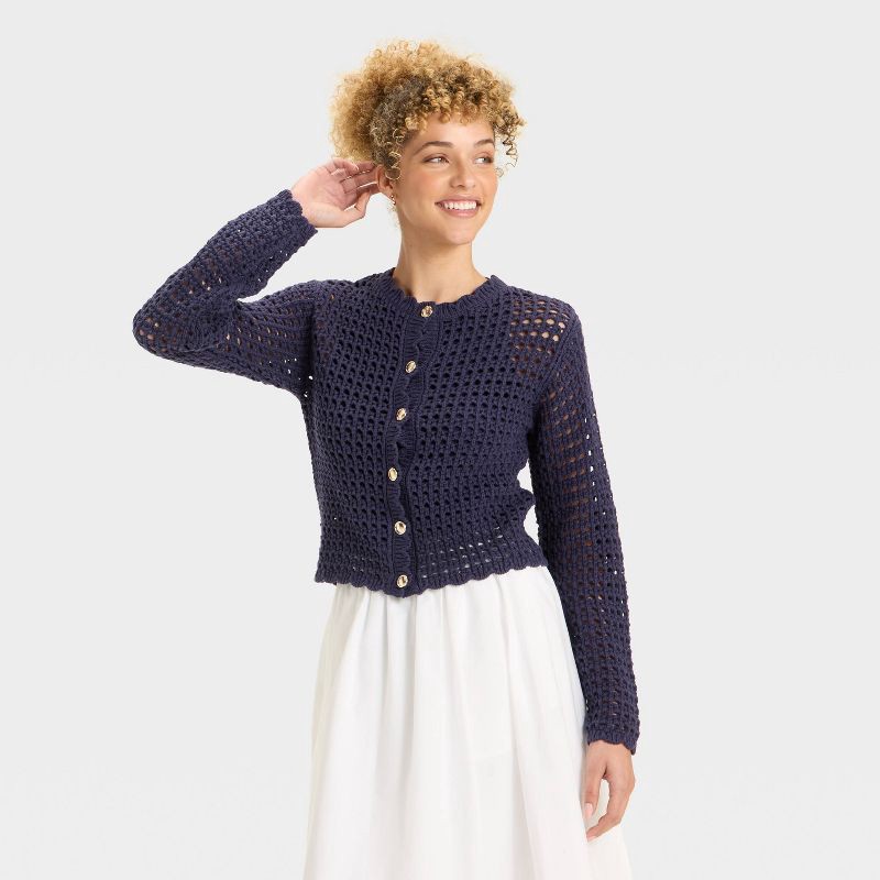 slide 1 of 3, Women's Crochet Button-Front Cardigan - A New Day™ Navy XL, 1 ct