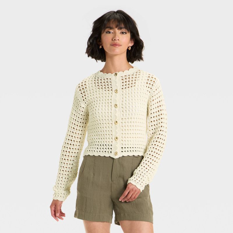 slide 1 of 3, Women's Crochet Button-Front Cardigan - A New Day™ Cream XS, 1 ct