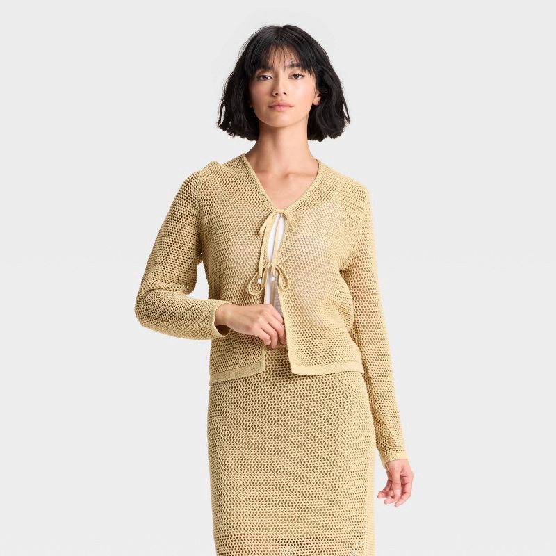 slide 1 of 3, Women's Crochet-Style Tie Cardigan - A New Day™ Tan XS, 1 ct