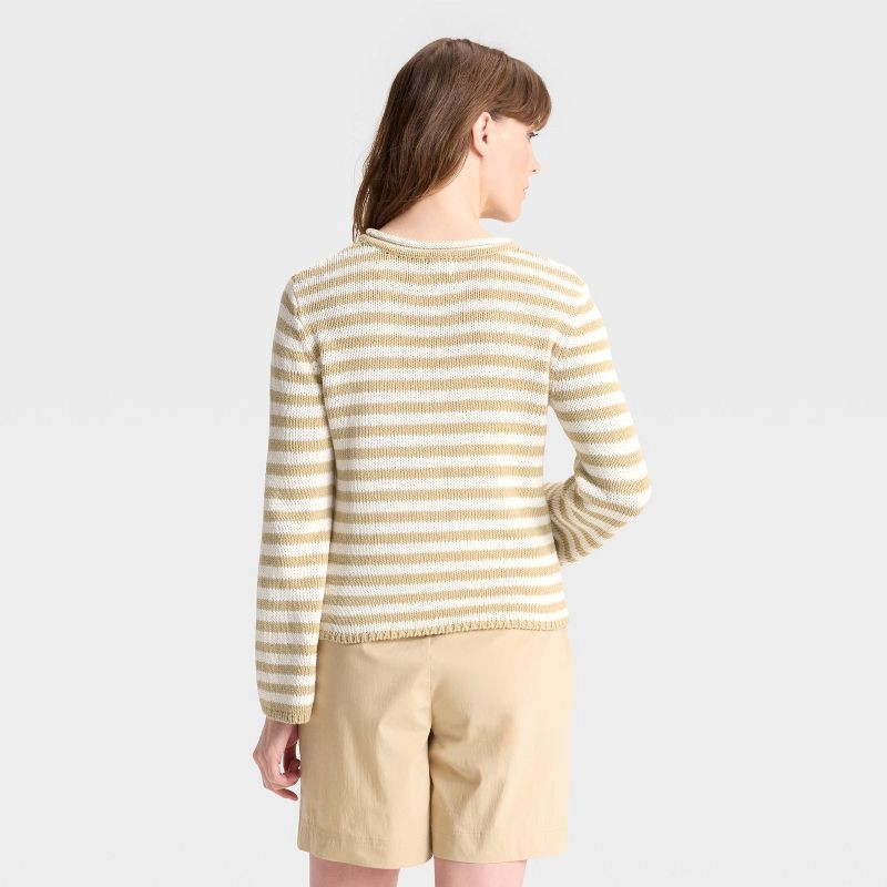 slide 2 of 3, Women's Shrunken Crewneck Pullover Sweater - A New Day™ Tan/White Striped M, 1 ct