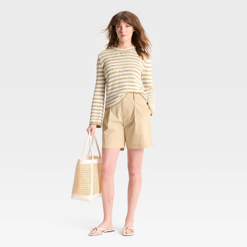 slide 3 of 3, Women's Shrunken Crewneck Pullover Sweater - A New Day™ Tan/White Striped M, 1 ct