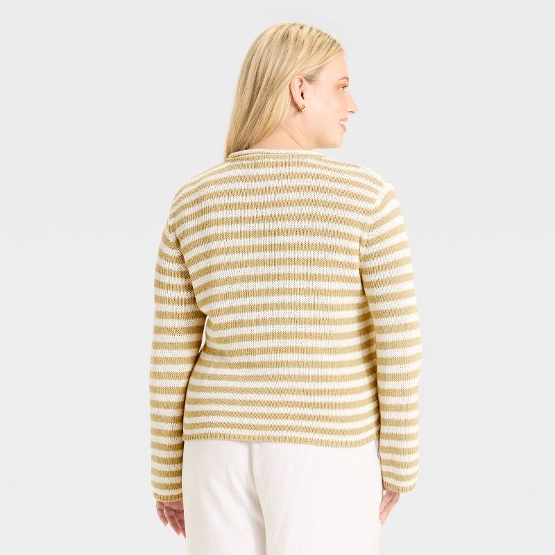 slide 2 of 3, Women's Shrunken Crewneck Pullover Sweater - A New Day™ Tan/White Striped XXL, 1 ct
