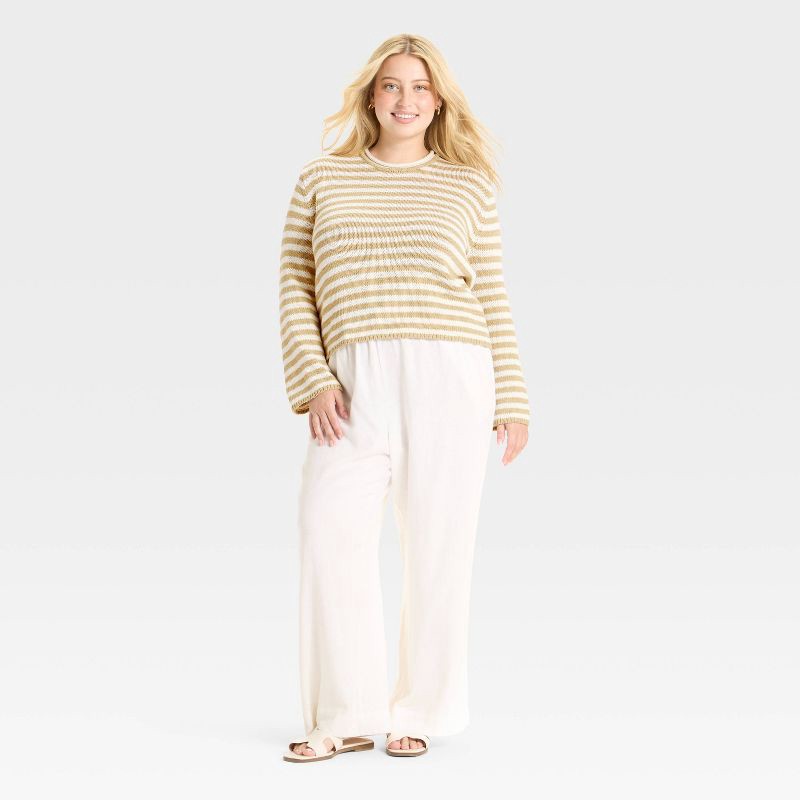 slide 3 of 3, Women's Shrunken Crewneck Pullover Sweater - A New Day™ Tan/White Striped XXL, 1 ct