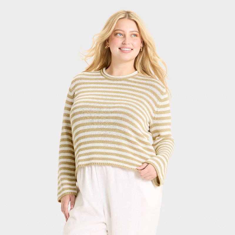 slide 1 of 3, Women's Shrunken Crewneck Pullover Sweater - A New Day™ Tan/White Striped XXL, 1 ct
