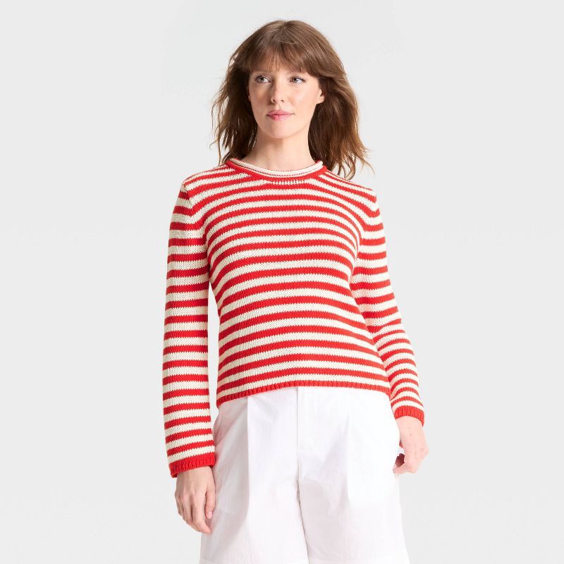slide 1 of 3, Women's Shrunken Crewneck Pullover Sweater - A New Day™ Red/White Striped M, 1 ct