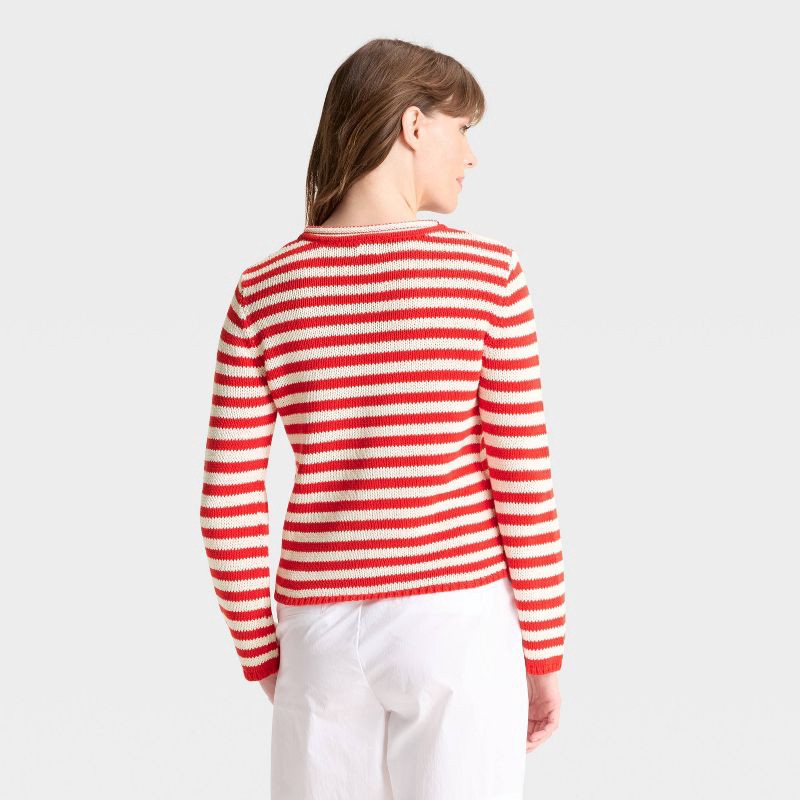 slide 2 of 3, Women's Shrunken Crewneck Pullover Sweater - A New Day™ Red/White Striped XL, 1 ct