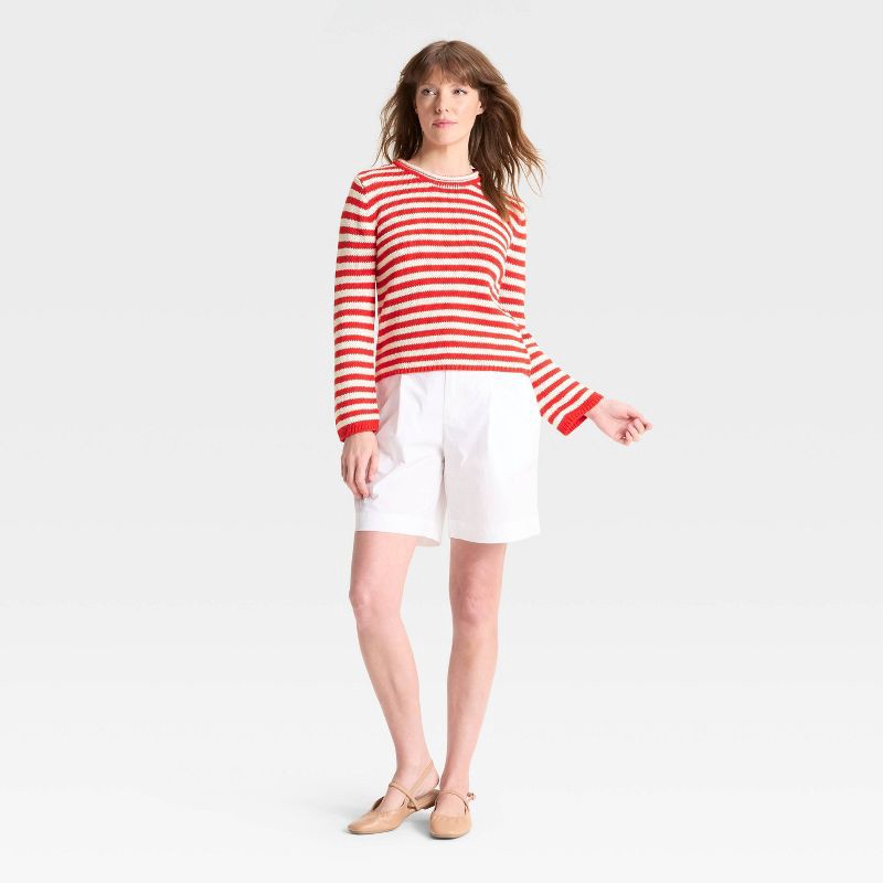slide 3 of 3, Women's Shrunken Crewneck Pullover Sweater - A New Day™ Red/White Striped XL, 1 ct
