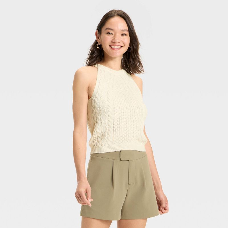 slide 1 of 3, Women's Cable Crewneck Pullover Sweater Vest - A New Day™ Cream L, 1 ct