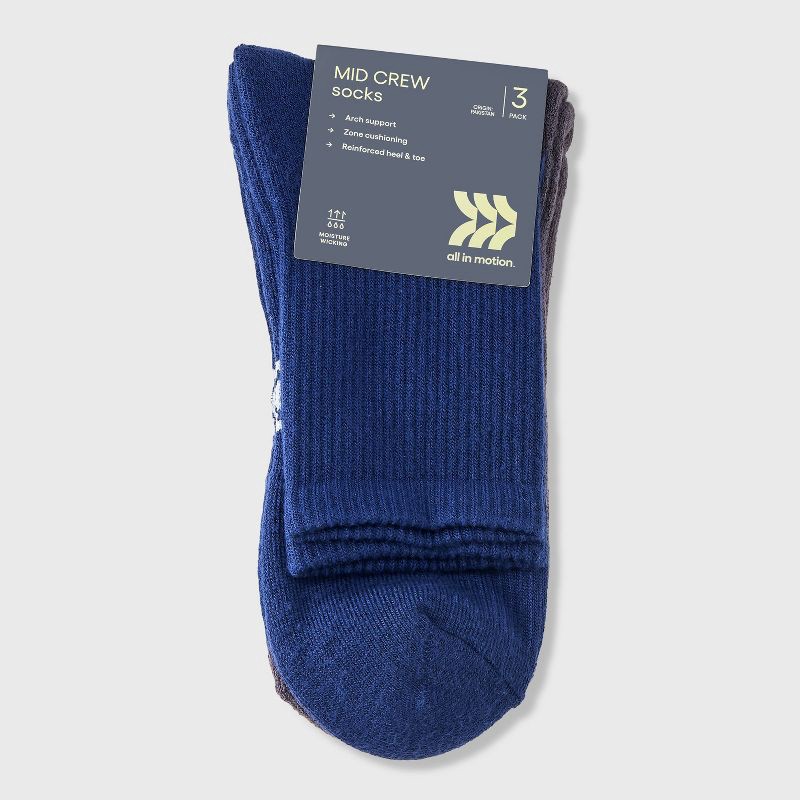 slide 2 of 3, Men's Tonal Quarter 3pk Crew Socks - All In Motion™ Navy/Gray 6-12, 3 ct