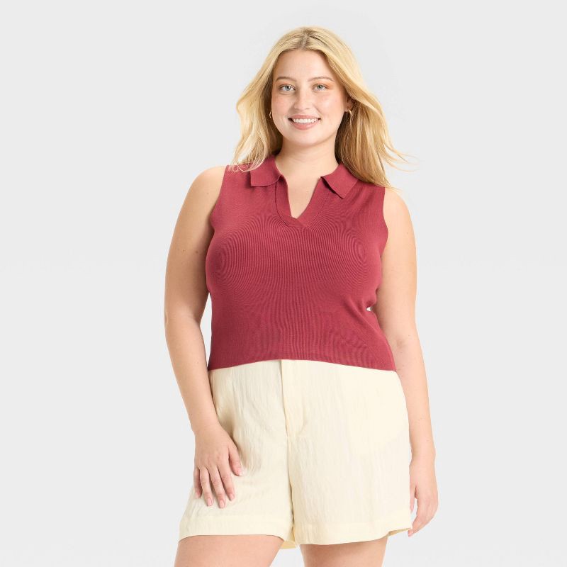slide 1 of 3, Women's Polo Collar Pullover Sweater Tank - A New Day™ Burgundy XXL, 1 ct