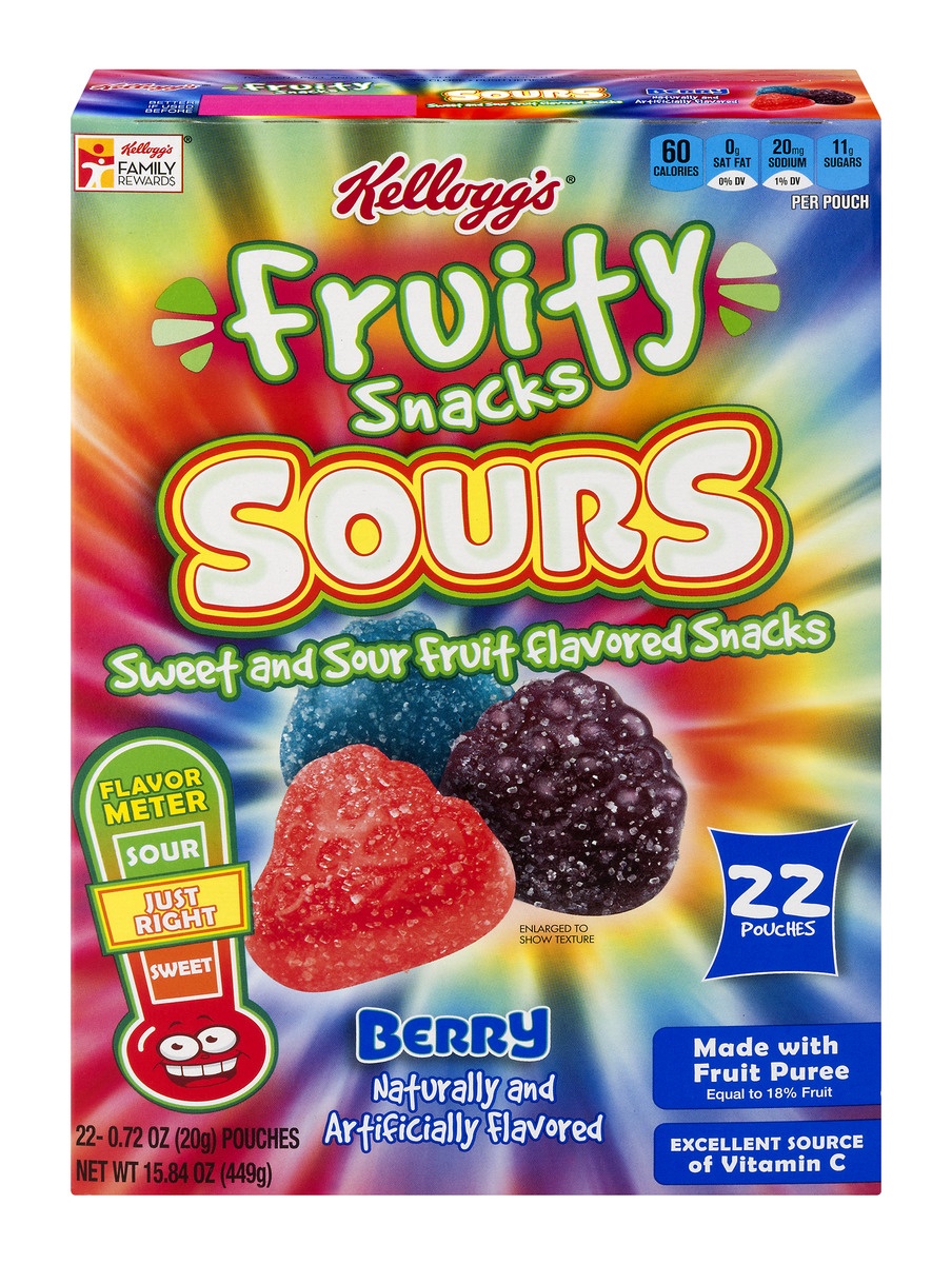 slide 1 of 3, Kellogg's Fruity Snacks Sours Berry Fruit Flavored Snacks, 22 ct; 0.72 oz