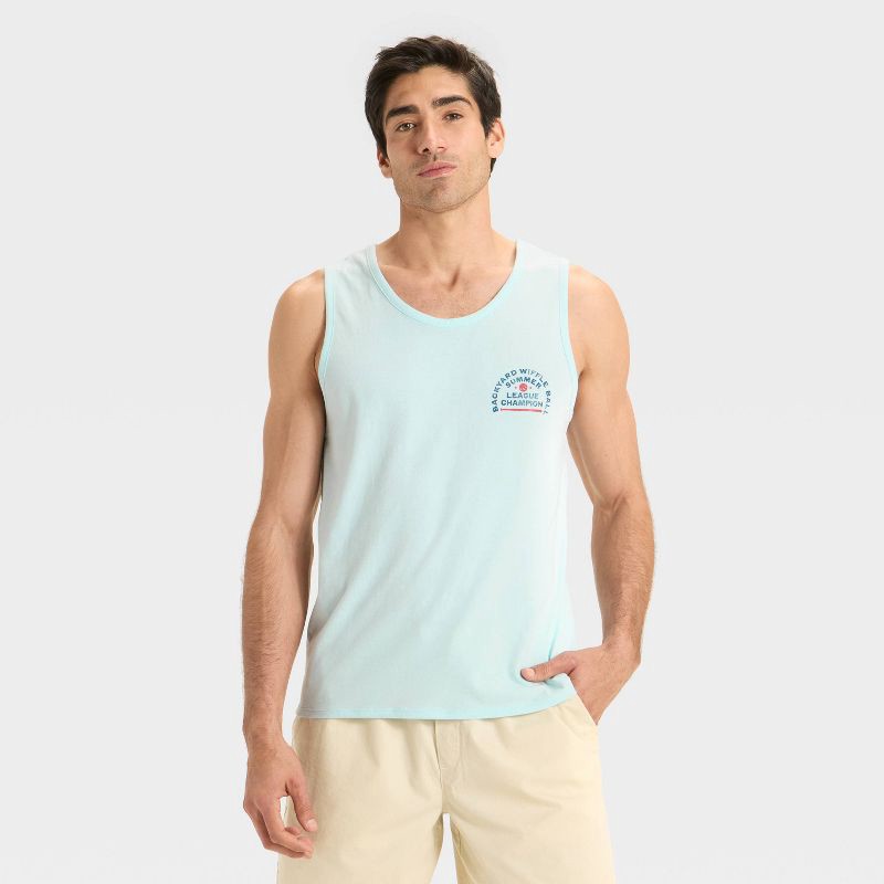 slide 1 of 3, Men's Standard Fit Graphic Crewneck Tank Top - Goodfellow & Co™ Blue M, 1 ct