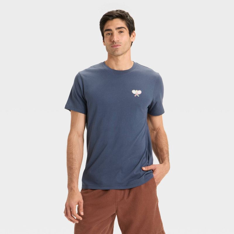 slide 1 of 3, Men's Embroidered T-Shirt - Goodfellow & Co™ Dark Blue XL, 1 ct