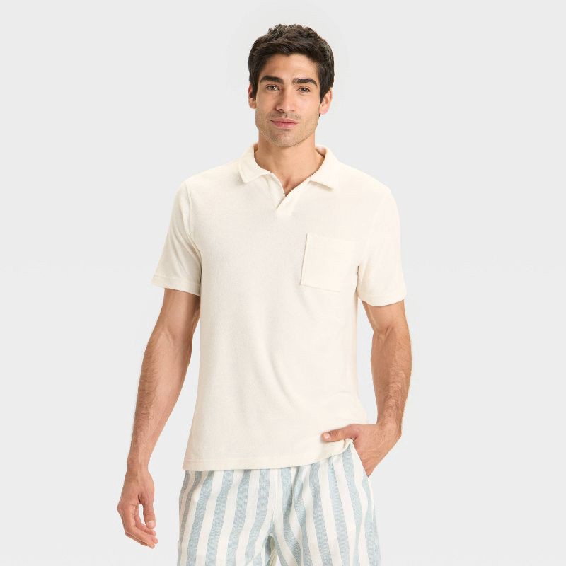 slide 1 of 3, Men's Terry Cloth Polo Shirt - Goodfellow & Co™ Off-White L, 1 ct