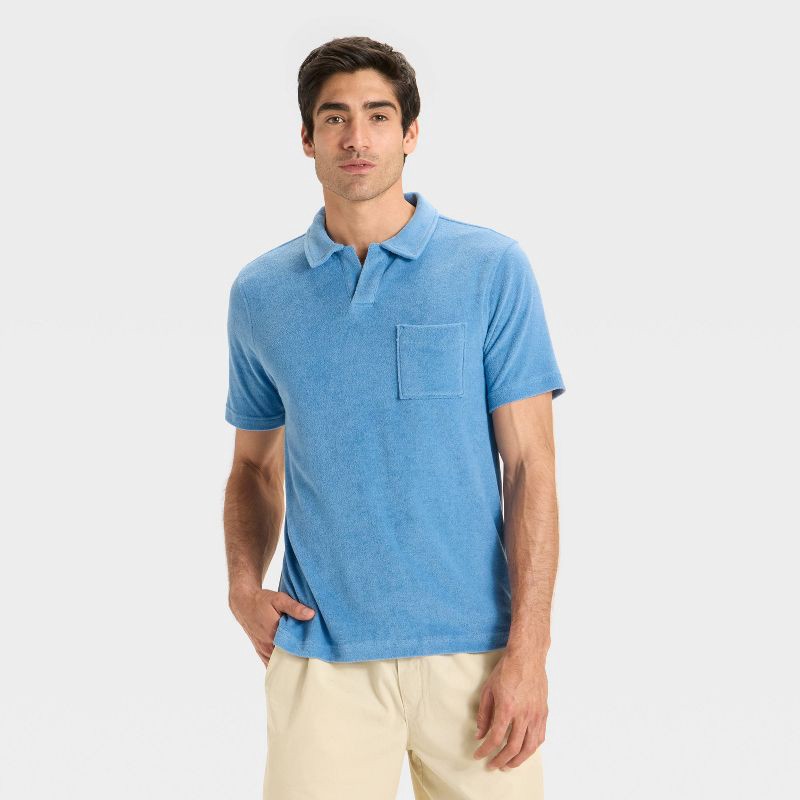 slide 1 of 3, Men's Terry Cloth Polo Shirt - Goodfellow & Co™ Blue M, 1 ct