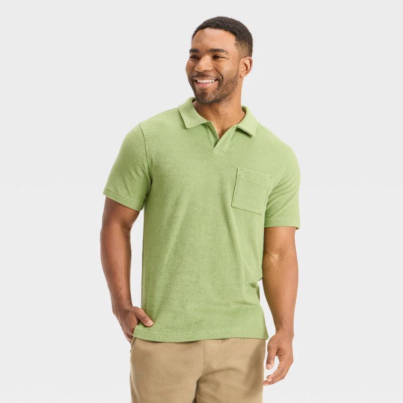 slide 1 of 3, Men's Terry Cloth Polo Shirt - Goodfellow & Co™ Green L, 1 ct