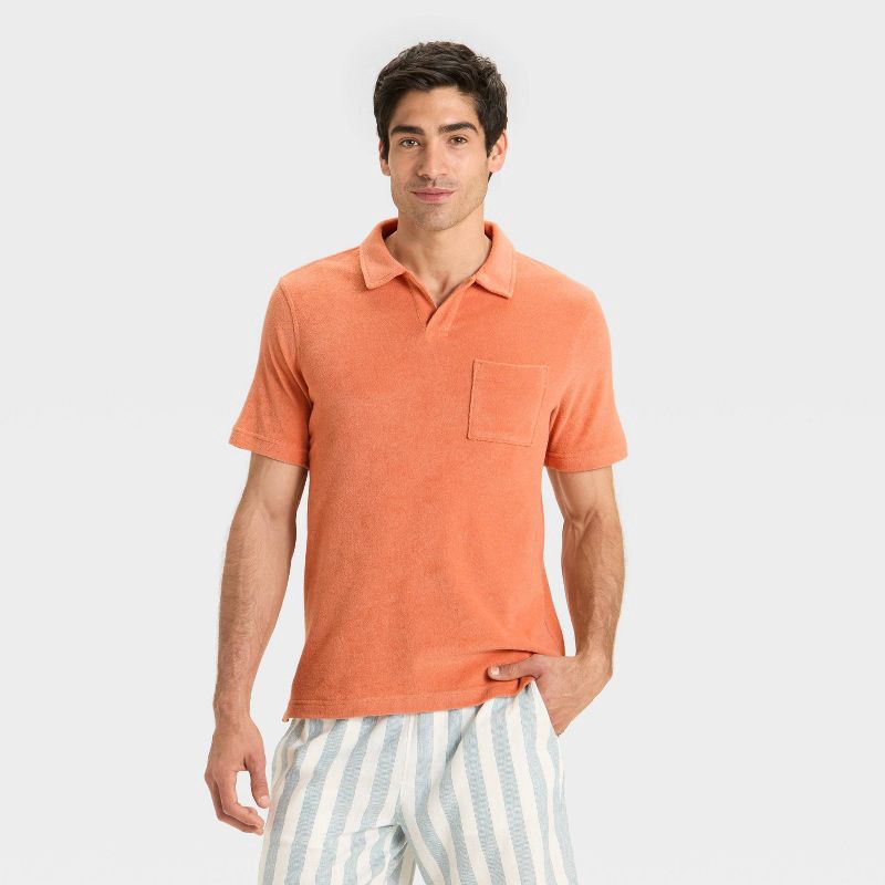 slide 1 of 3, Men's Terry Cloth Polo Shirt - Goodfellow & Co™ Apricot Orange L, 1 ct