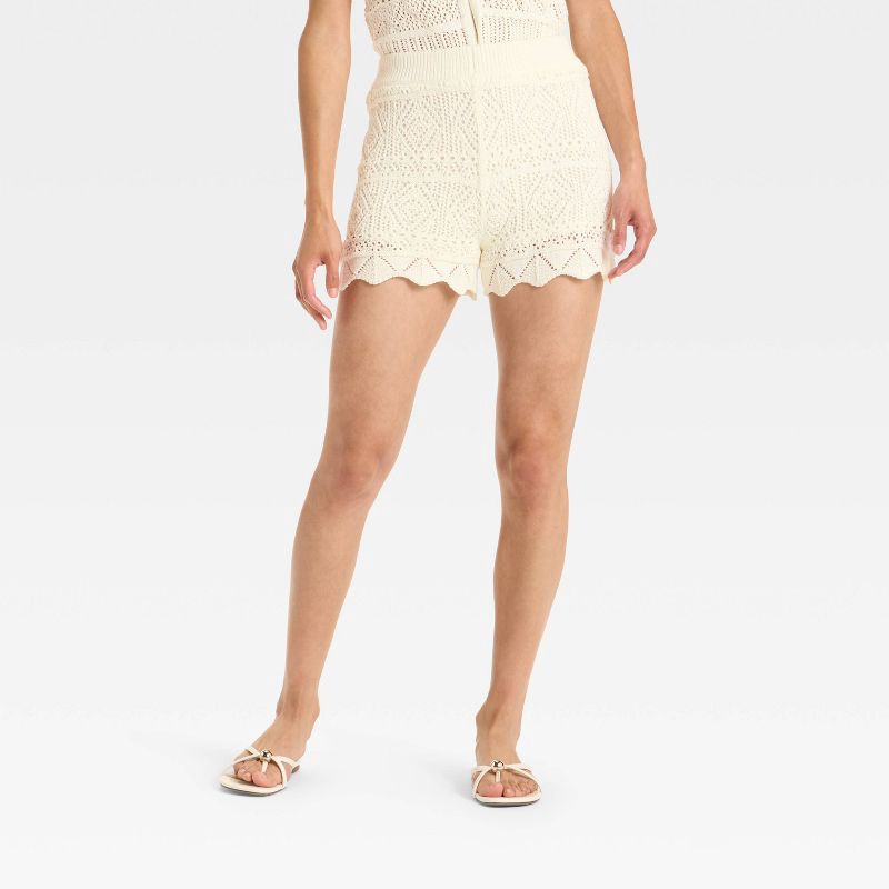 slide 1 of 3, Women's High-Rise Crochet-Style Pull-On Shorts - A New Day™ Cream L, 1 ct
